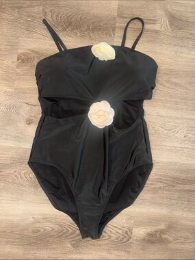 SHEIN Black One-Piece Swimsuit with Cream Flower Accents
